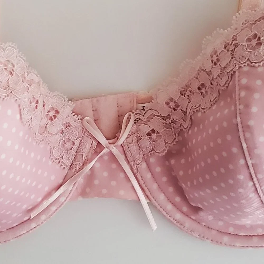 Pink Polka Dot 3 Piece Lace Trim Bra & Thong Bundle | Like New | 32D, Small - Picture 8 of 13